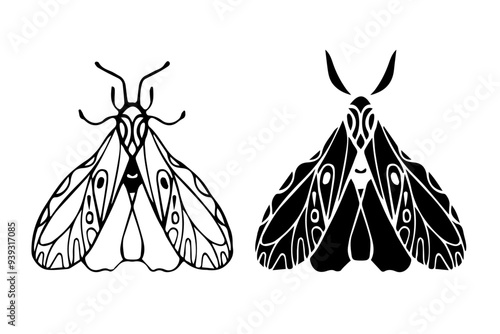 Line sketch,silhouette,stamp of winged insect night moth,butterfly.Vector graphics.