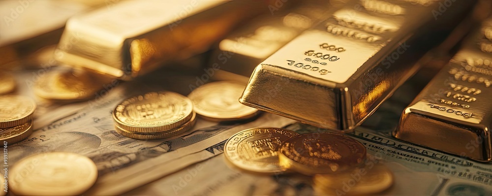 Close-up of gleaming gold bars and coins stacked on cash, showcasing wealth and luxury in a rich financial setting. Close-up of gleaming gold bars and coins stacked on cash, showcasing wealth and luxury in a rich financial setting.