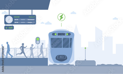front view of the electric commuter train at the station. The commuter train arrives at a platform, and passengers board and disembark. A digital display shows departure times and destinations. 
