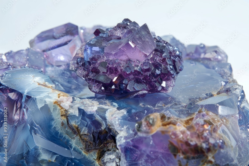 Purple fluorite crystal cluster is sitting on a blue fluorite crystal cluster Purple fluorite crystal cluster is sitting on a blue fluorite crystal cluster