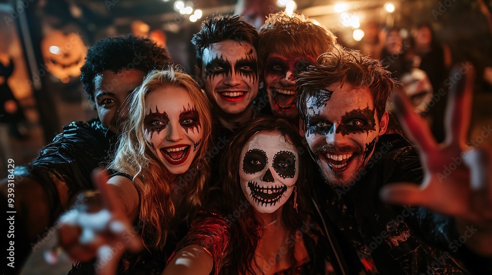 Spooky Fun: Group of Friends in Creative Halloween Costumes Posing for a Photo at Party Spooky Fun: Group of Friends in Creative Halloween Costumes Posing for a Photo at Party