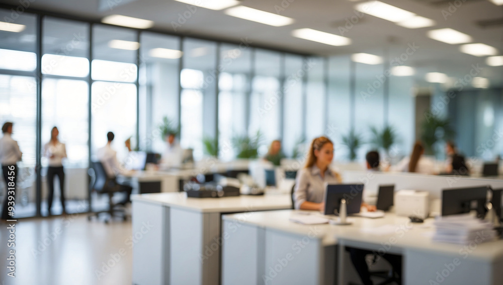 Modern office space with blurred people working in the background Modern office space with blurred people working in the background