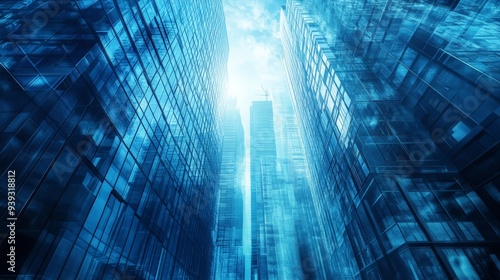 Abstract view of modern glass skyscrapers with a bright blue color scheme, conveying futuristic and urban vibes.