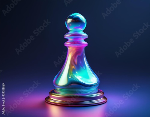 Single iridescent chess piece stands against a dark blue background