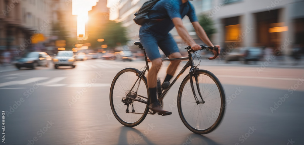 Fototapeta premium Cyclist or commuter who travels around the city by bike in summer, goes to work, does errands or shopping