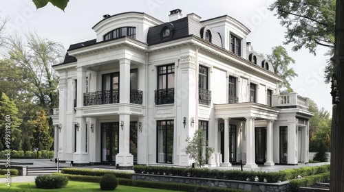 A grand colonial-style mansion adorned with ornate details and tall columns, set against a lush green lawn, captured on a sunny, clear day.