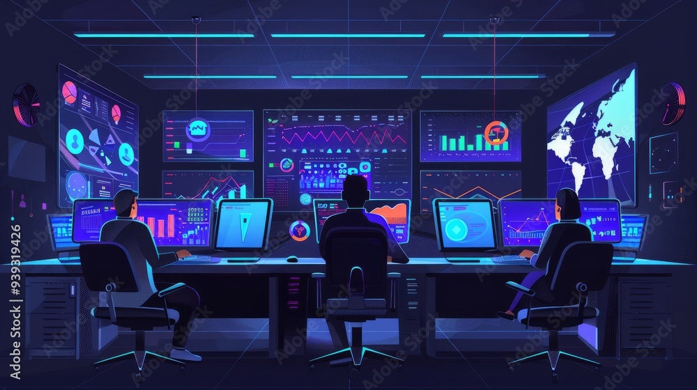 Professional data scientists in a dark control room analyzing technical neural data and infographics on desktop computers with multiple screens displaying charts, graphs, and advanced analytics in a h Professional data scientists in a dark control room analyzing technical neural data and infographics on desktop computers with multiple screens displaying charts, graphs, and advanced analytics in a h