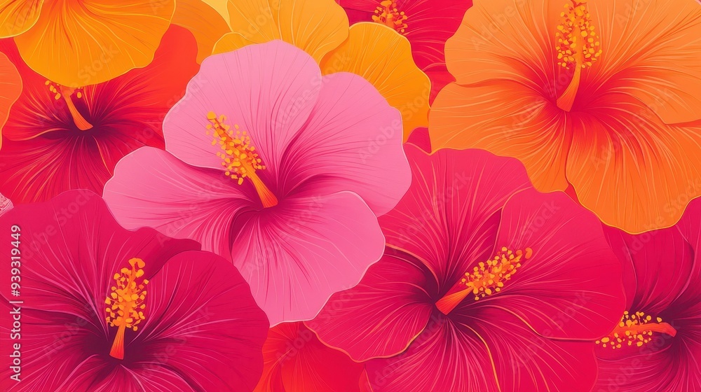 A vibrant pattern of hibiscus flowers in various colors. A vibrant pattern of hibiscus flowers in various colors.