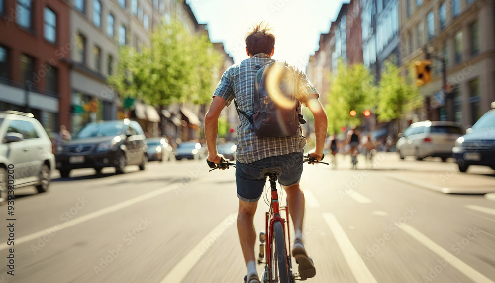 Cyclist or commuter who travels around the city by bike in summer, goes to work, does errands or shopping Cyclist or commuter who travels around the city by bike in summer, goes to work, does errands or shopping