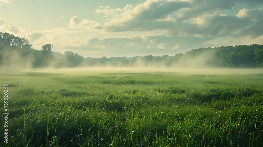 Fototapeta premium A tranquil spring morning with a misty fog lifting over a field of fresh green grass. 8k