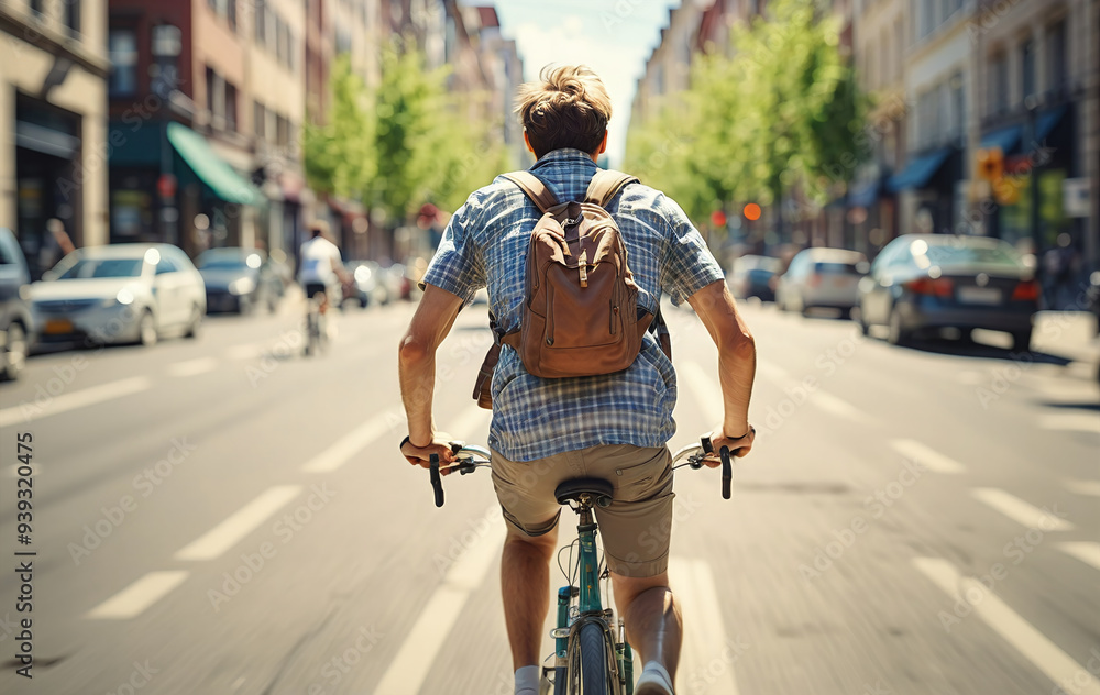 Cyclist or commuter who travels around the city by bike in summer, goes to work, does errands or shopping Cyclist or commuter who travels around the city by bike in summer, goes to work, does errands or shopping