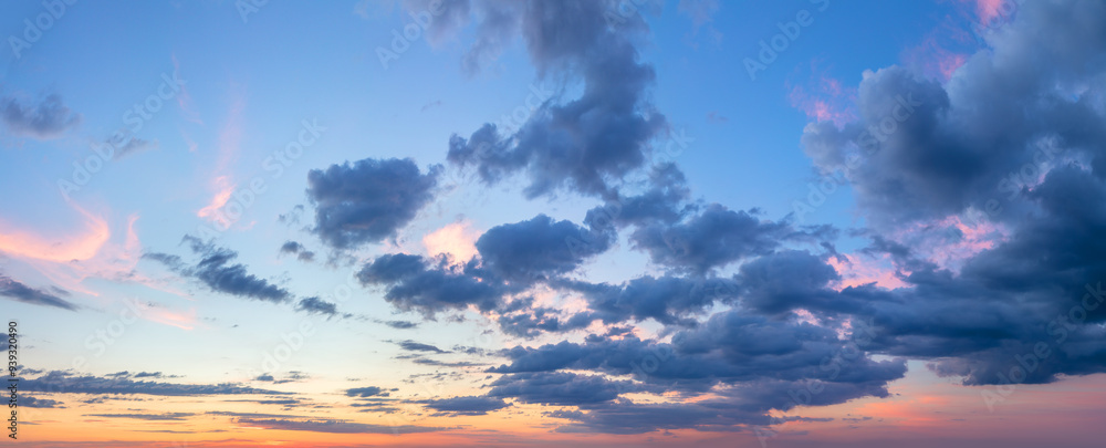 Gentle ligth colors of sunrise sundown sky with pastel light clouds, real sky photo. Real sky cloudscape background.