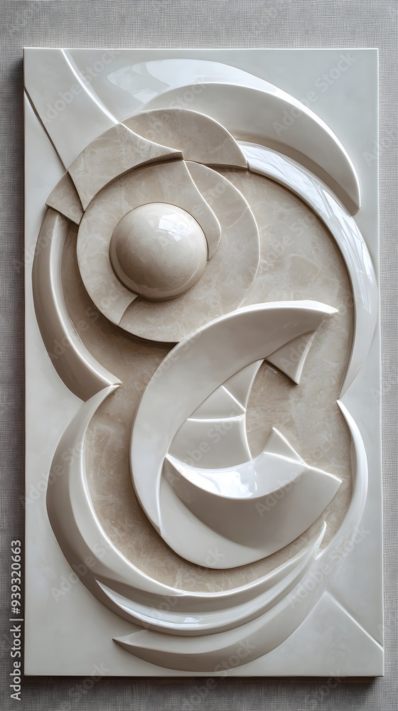 32. Elegant 3D wall art with a combination of geometric figures and a polished circle ceramic background 32. Elegant 3D wall art with a combination of geometric figures and a polished circle ceramic background