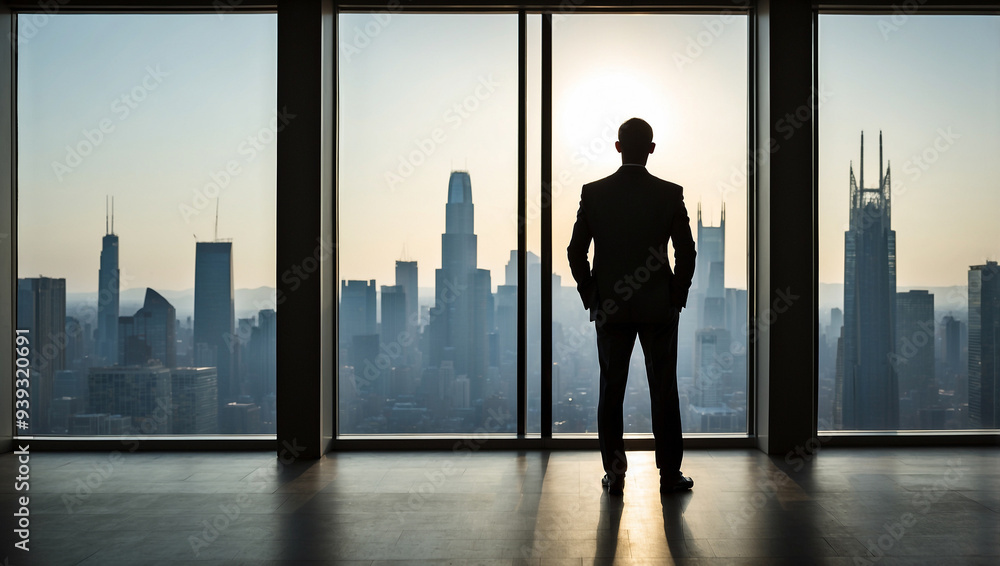 Silhouette of a businessman standing against a large window at sunrise Silhouette of a businessman standing against a large window at sunrise