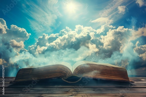 Open book on wooden table with magical glowing light and clouds coming from pages on a blue sky background