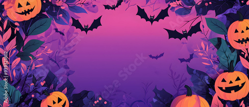 A vector illustration flat color of Child's Halloween style wallpaper, fade purple background with pink purple decoration and large blank space in the center for text