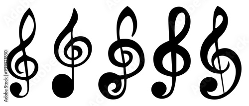 Musical note or treble clef. Abstract graphic drawing of musical clef with black and white design.