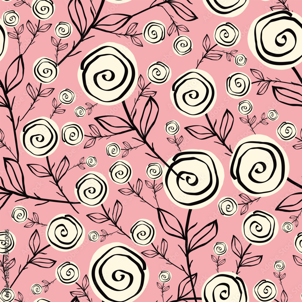 Naklejka premium Stylized creative vibrant quirky expressive floral pattern in 60s in bright pink and red juicy colors