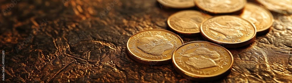 A close-up view of golden coins scattered on a textured surface, reflecting light and creating a warm, inviting atmosphere. A close-up view of golden coins scattered on a textured surface, reflecting light and creating a warm, inviting atmosphere.