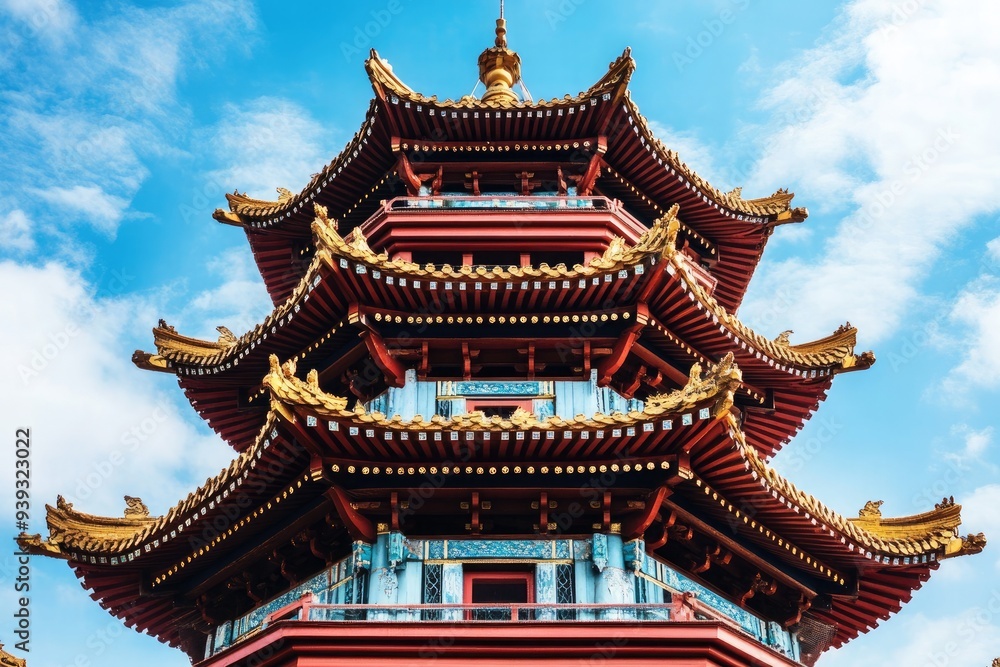 A wooden tower with golden dragon decoration, featuring traditional architecture and a blue sky background