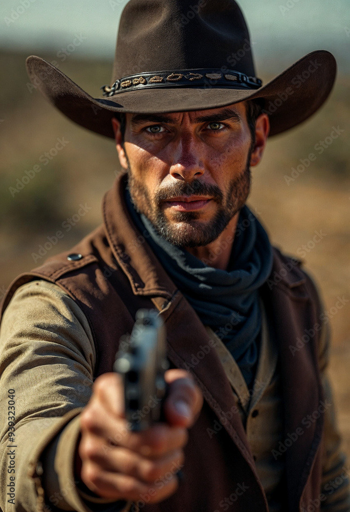 Fototapeta premium Portrait of a Wild West gunslinger showcasing rugged features and a confident demeanor.