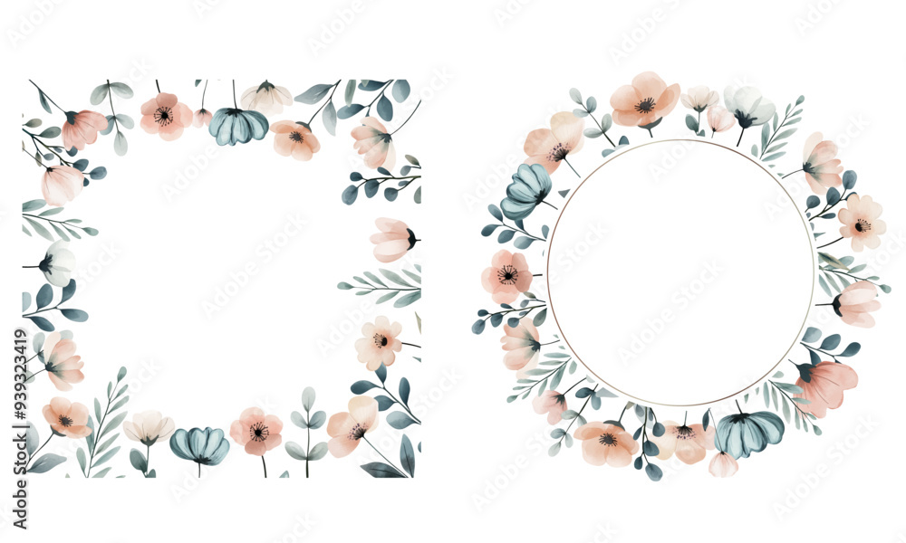 Set of botanical frames with wild meadow flowers in pastel colors. Watercolor botanical frames, foral template Set of botanical frames with wild meadow flowers in pastel colors. Watercolor botanical frames, foral template