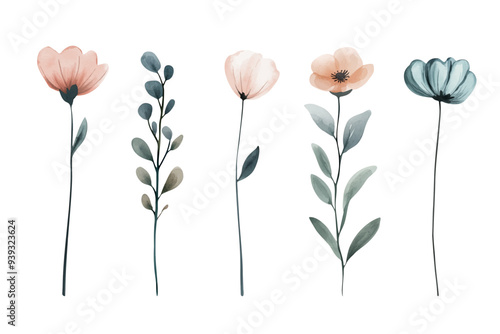 Delicate watercolor plants for wedding invitations, cards. Watercolor botanical set. Meadow wild flowers in pastel colors.