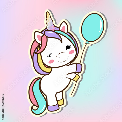 Cute unicorn with balloon. Cartoon vector illustration, sticker. Birthday concept.