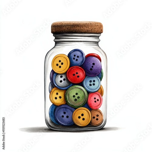 Colorful buttons stored in a clear glass jar with a cork lid, perfect for sewing projects and craft activities. photo