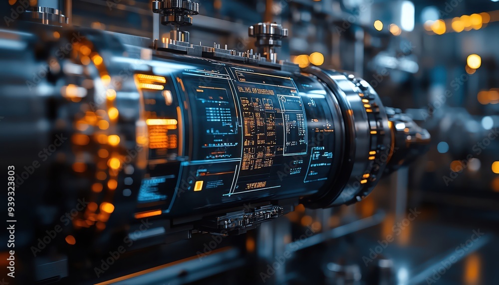 Closeup of advanced machinery parts in a hightech industrial facility, with detailed digital displays Closeup of advanced machinery parts in a hightech industrial facility, with detailed digital displays