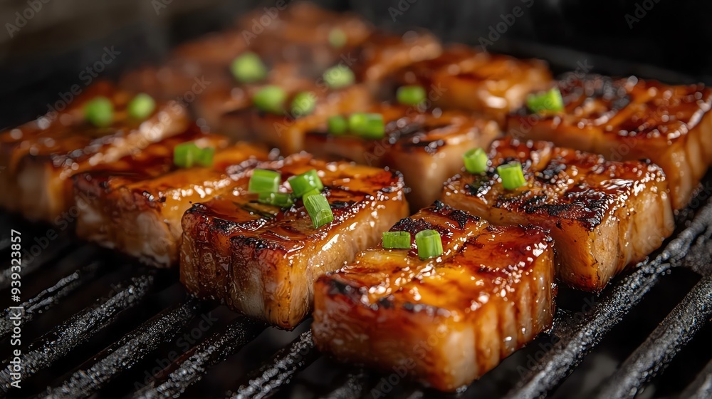 Closeup of sizzling pork belly on a grill, glazed with sauce and garnished with green onions Closeup of sizzling pork belly on a grill, glazed with sauce and garnished with green onions
