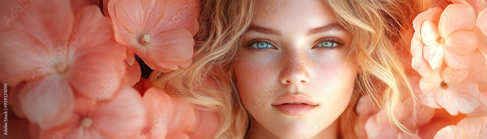 Ethereal woman with curly blonde hair surrounded by large, peach flowers Ethereal woman with curly blonde hair surrounded by large, peach flowers