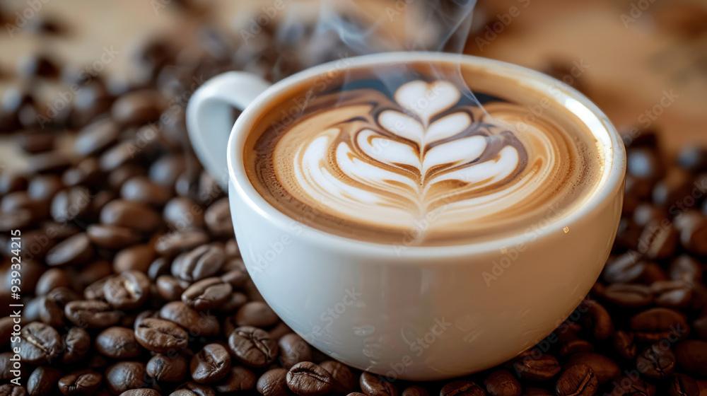 Steaming latte art cappuccino with intricate heart design Steaming latte art cappuccino with intricate heart design