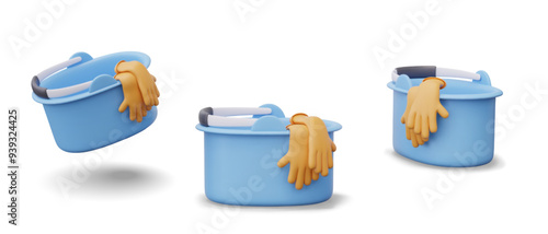 Oval bucket with rubber gloves. Items for cleaning. Professional cleaning