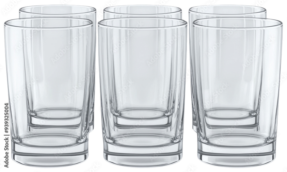 Set of six clear drinking glasses arranged in a visually appealing manner, perfect for showcasing beverages or dining settings. cut out, PNG, isolated on transparent background. Set of six clear drinking glasses arranged in a visually appealing manner, perfect for showcasing beverages or dining settings. cut out, PNG, isolated on transparent background.