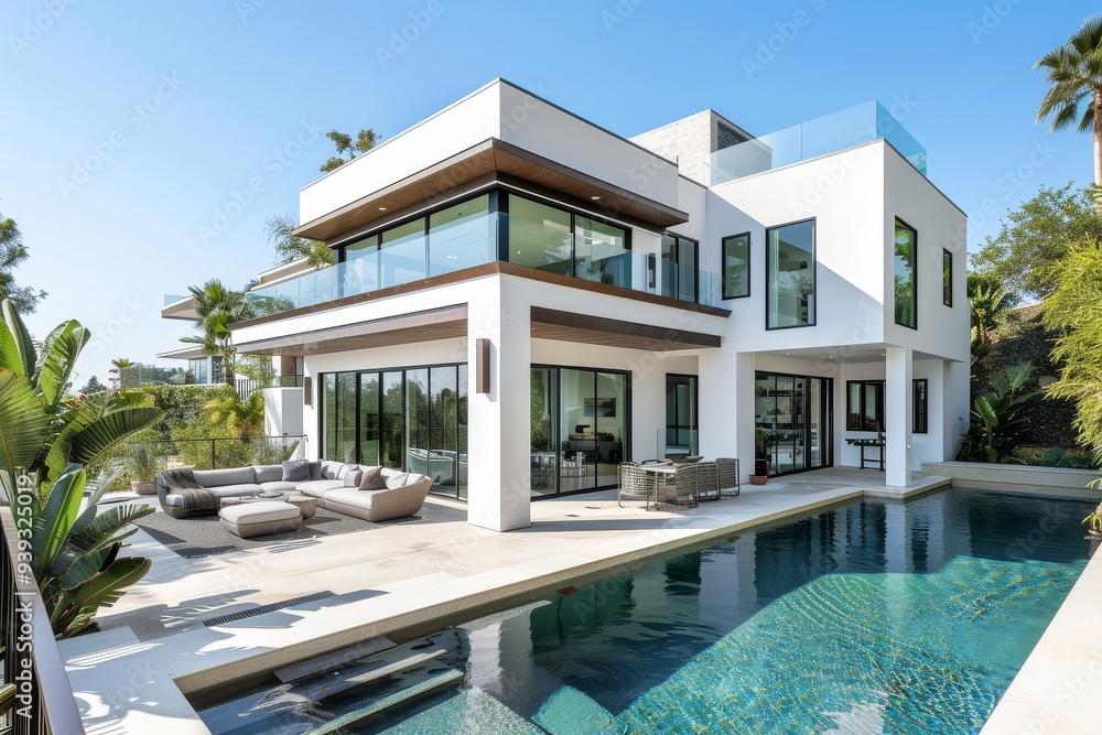 Fototapeta premium Modern two-story house with elegant pool, wood accents, large windows, and glass doors, Canon EOS R5 photo.