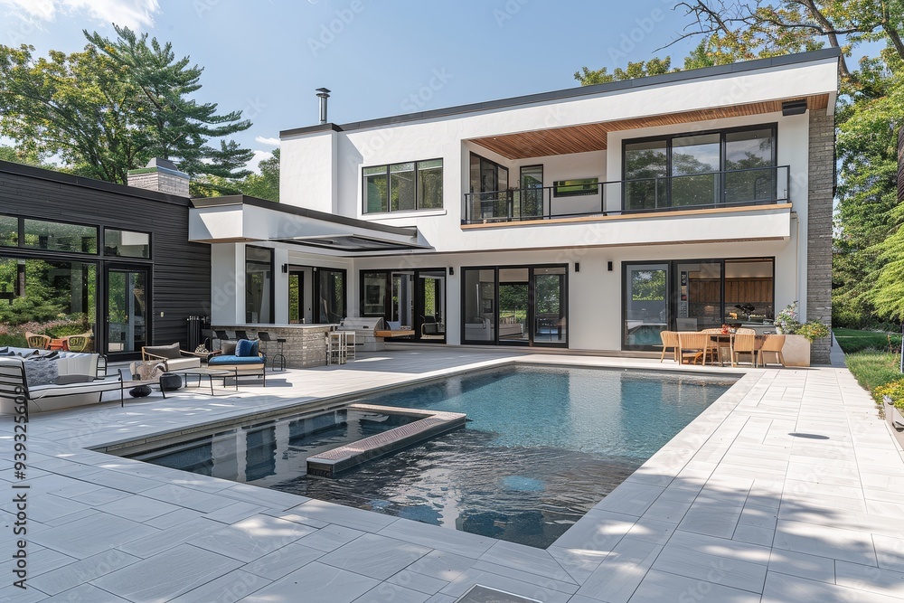 Fototapeta premium Modern two-story house with elegant pool, wood accents, large windows, and glass doors, Canon EOS R5 photo.