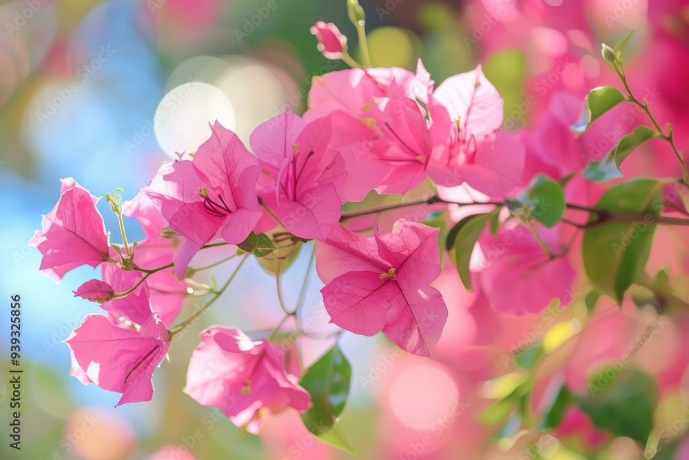 Beautiful pink bougainvillea flowers blooming in the sunshine, adding a touch of vibrant color to a lush garden Beautiful pink bougainvillea flowers blooming in the sunshine, adding a touch of vibrant color to a lush garden
