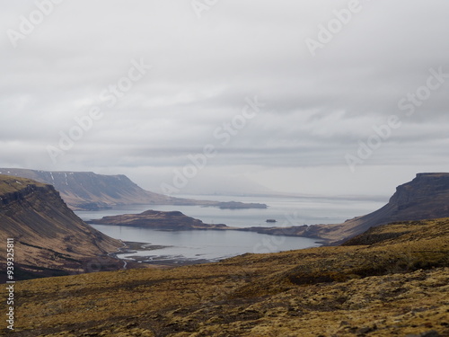 фотографія A vast landscape featuring a fjord stretching between rugged mountains under an overcast sky, highlighting the magnificence and expanse of natural formations shaped by time
