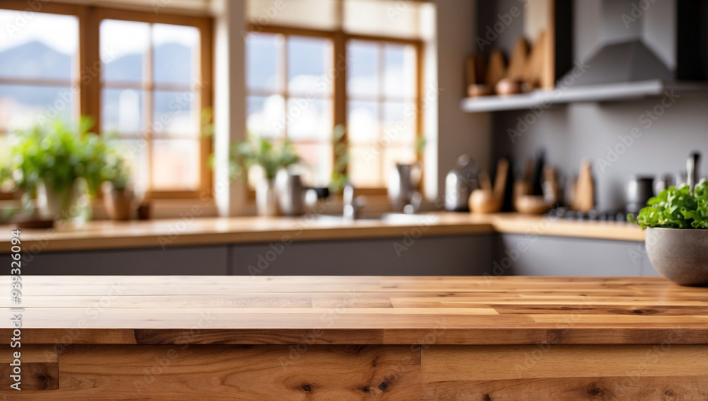 Wooden table top with a blurred kitchen counter background Wooden table top with a blurred kitchen counter background