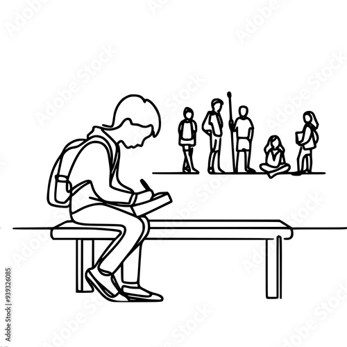 one linear vector drawing of a schoolboy with a backpack against the background of other schoolchildren, sitting on a bench and writing something in a notebook