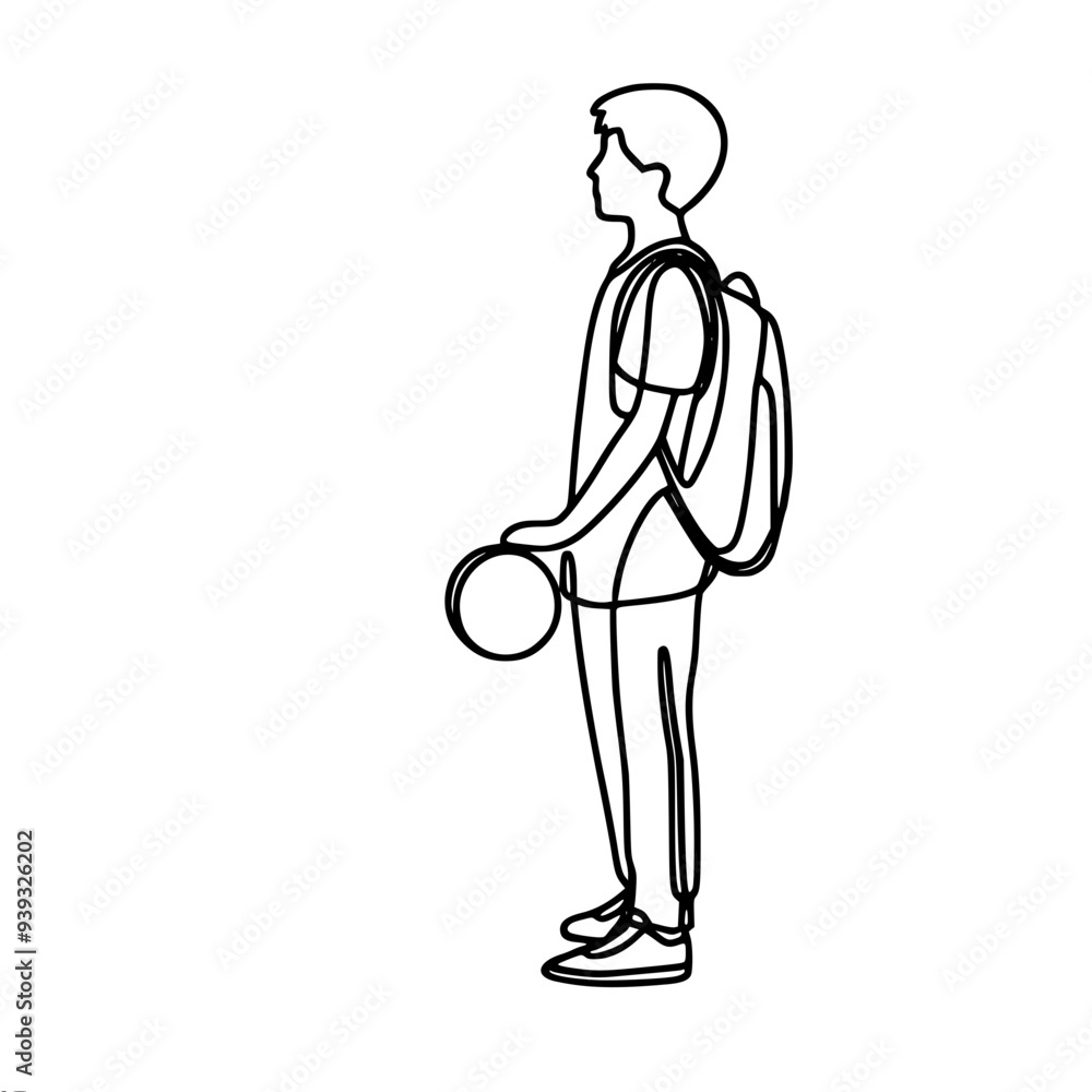 one line vector drawing of a guy with a backpack sitting with a ball in his hand one line vector drawing of a guy with a backpack sitting with a ball in his hand