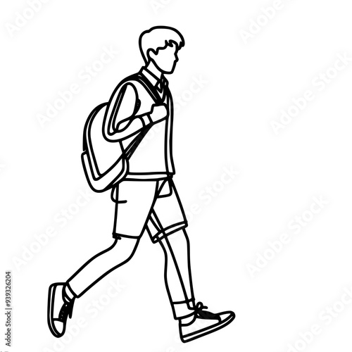 single line vector drawing of a schoolboy guy walking with a backpack