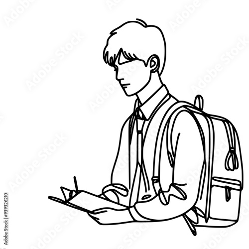 single line vector drawing of a schoolboy guy with a backpack writing in a notepad