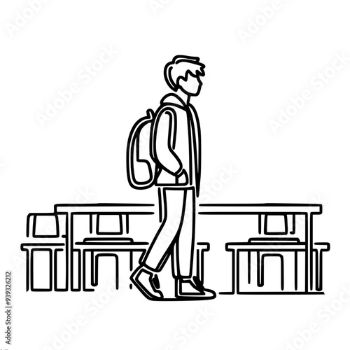 one line vector drawing of a guy with a backpack, a schoolboy standing next to an empty table, hands in his pockets