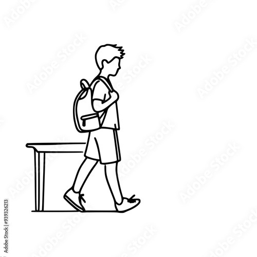 one-line vector drawing of a schoolboy boy with a backpack walking next to a bench