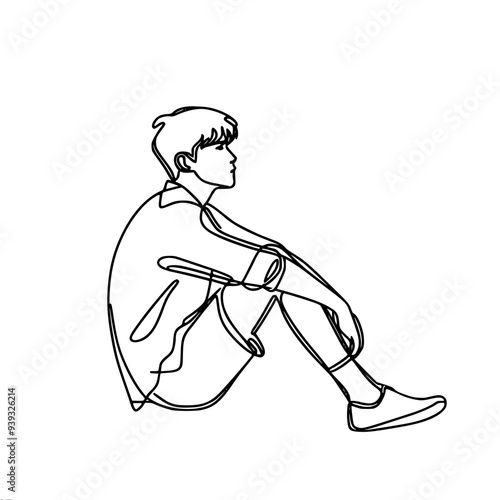 one line vector drawing of a guy sitting on the ground, a schoolboy hugging his knees