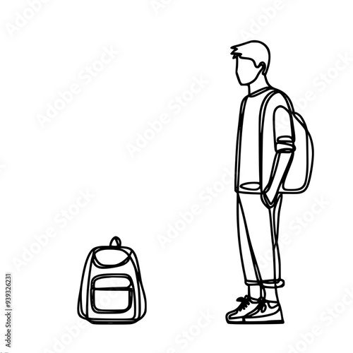 one line vector drawing of a guy with a backpack, a schoolboy standing next to a backpack standing on the floor, hands in his pockets