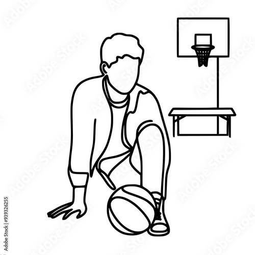single line vector drawing of a schoolboy boy sitting on the floor in a school gym with a ball
