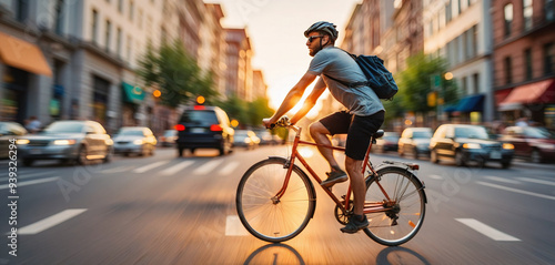 Cyclist or commuter who travels around the city by bike in summer, goes to work, does errands or shopping